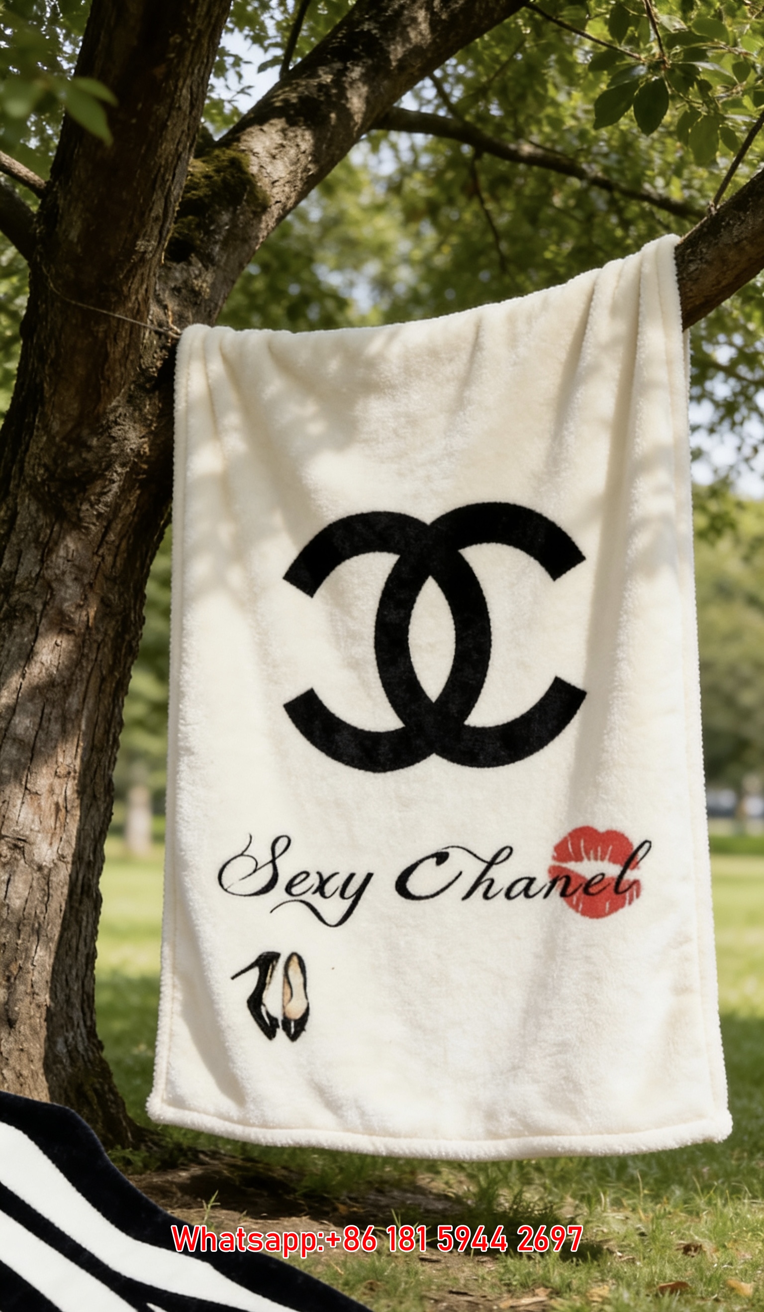 Chanel Sexy CC Logo Flannel Sofa Throw Blanket with Red Lip Print IMG_7016